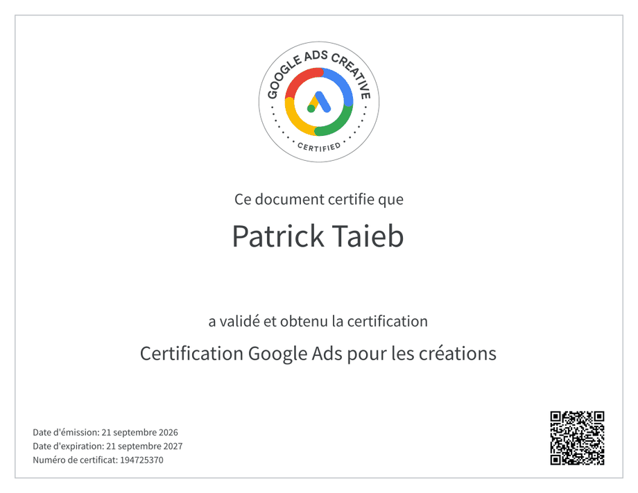 Certificat Certification Google Ads pour les créations délivré à Patrick Taieb, numéro 194725370