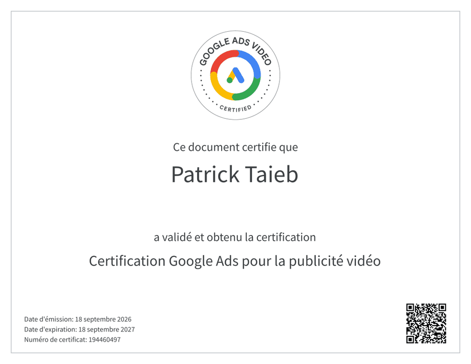 Certificat Certification Google Ads pour la publicité vidéo délivré à Patrick Taieb, numéro 194460497
